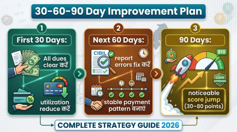 cibil score improvement 30 60 90 day plan steps reduce utilization clear dues fix errors stable payment hindi guide