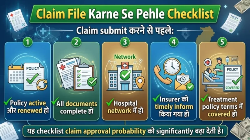 health insurance claim file karne se pehle checklist policy active documents hospital network insurer inform covered treatment