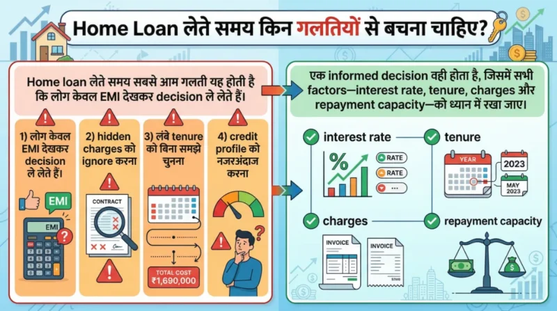 home loan mistakes hindi infographic emi hidden charges tenure credit profile repayment capacity guide