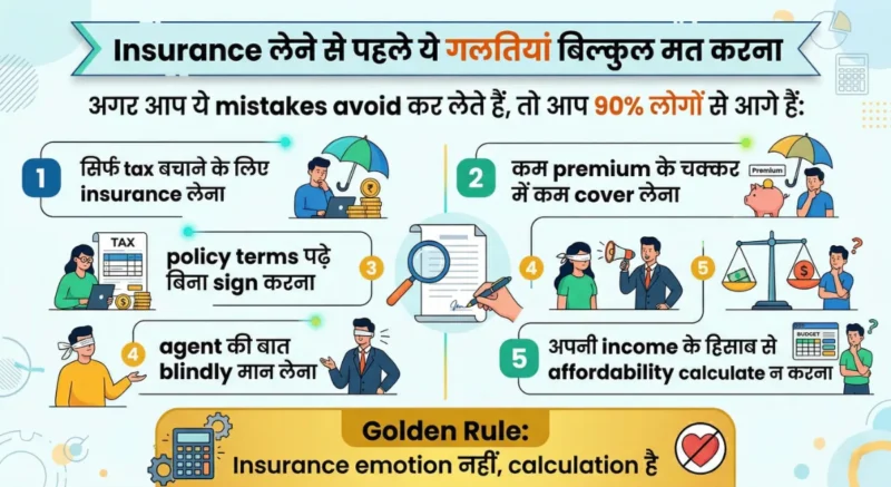 insurance mistakes hindi infographic tax policy terms premium cover agent advice affordability guide