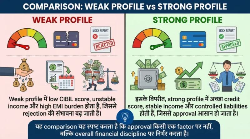 loan approval weak vs strong profile comparison cibil score income emi hindi infographic approval rejection
