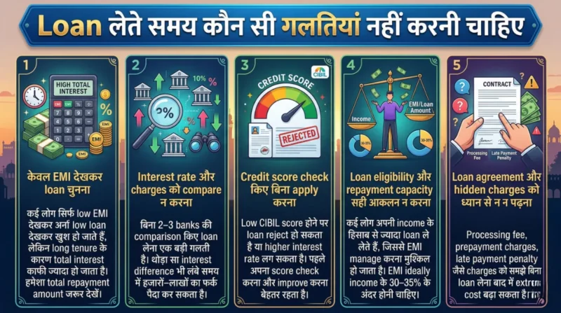 loan mistakes hindi infographic emi interest credit score hidden charges guide image