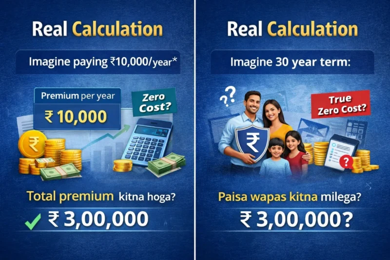 zero cost term insurance real calculation example premium vs return comparison hindi