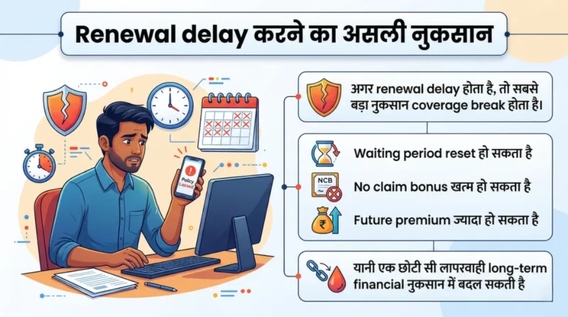 health insurance renewal delay नुकसान infographic coverage break waiting period reset no claim bonus premium increase hindi