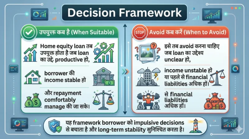 home equity loan decision framework hindi, kab home equity loan lena chahiye aur kab avoid kare, loan against property risk and benefits chart, financial decision guide india 2026