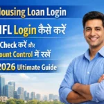 LIC Housing Loan Login process showing LIC HFL login steps, EMI check option and account control guide 2026 with user dashboard illustration