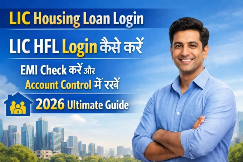 LIC Housing Loan Login process showing LIC HFL login steps, EMI check option and account control guide 2026 with user dashboard illustration