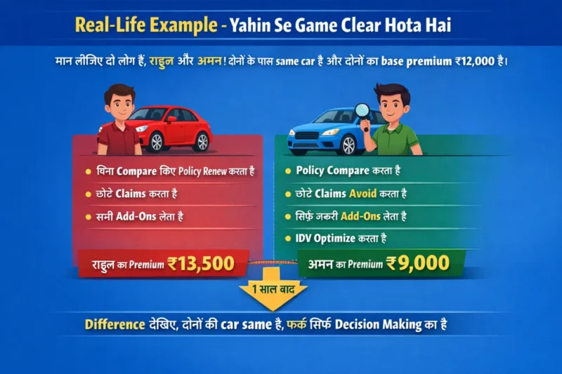 Real life example of car insurance premium difference between Rahul and Aman showing smart vs poor decision making in Hindi